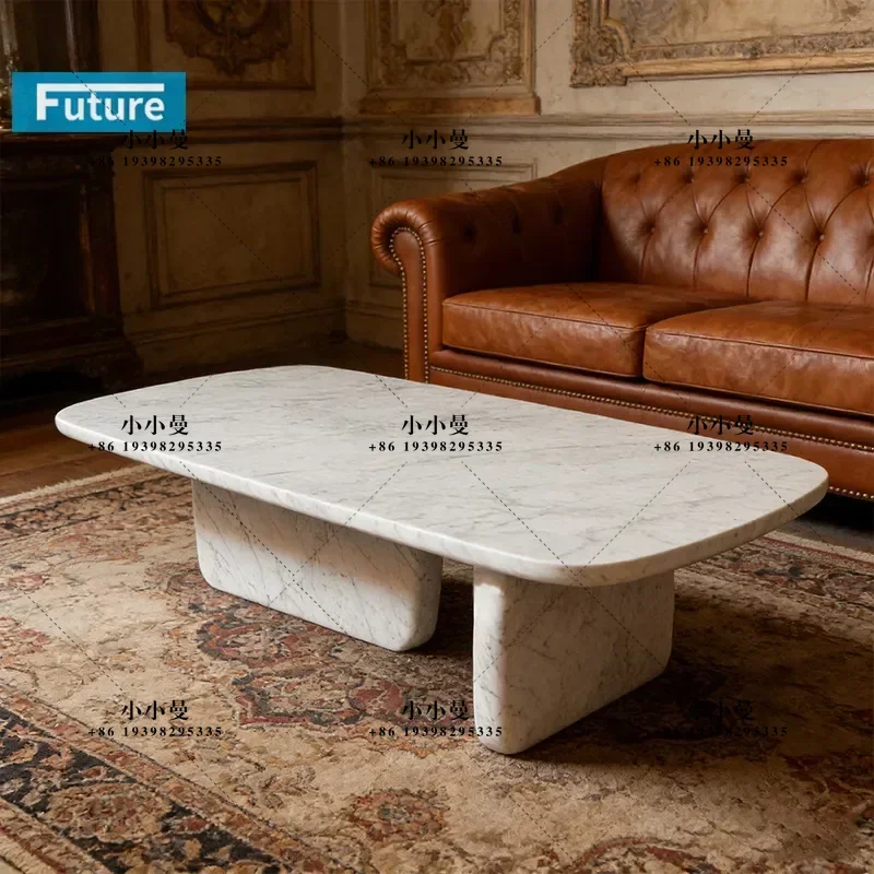 Kara White Marble Coffee Table Rectangular Low Table with T-shaped Legs Simple Natural Stone Center Table for Living Room