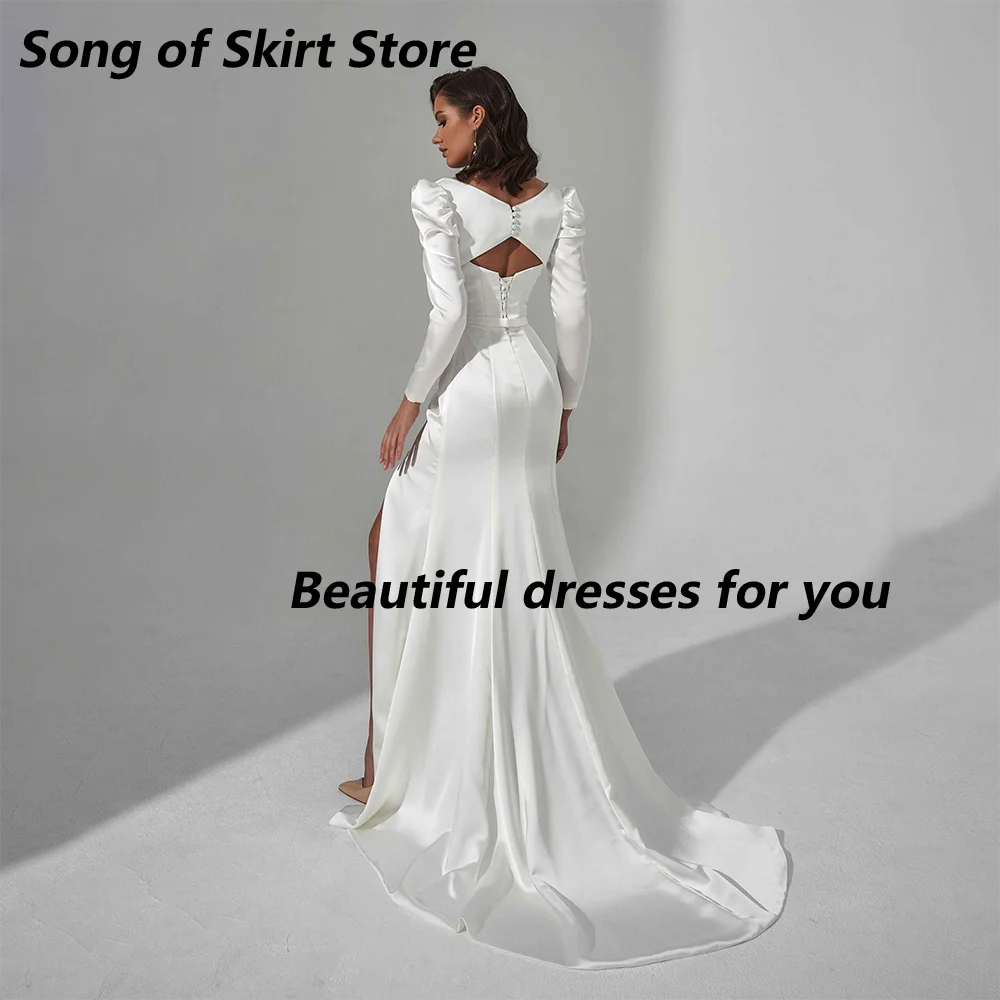 فستان زفاف أنيق من الساتان الناعم برقبة على شكل قلب وأكمام طويلة وفتحة جانبية للشاطئ باللون الأبيض مشد فستان زفاف رداء De Mariee مخصص #4