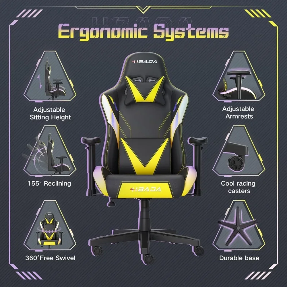 Gaming Chair Ergonomic Racing Computer with Height Adjustment Headrest and Lumbar Support E-Sports Swivel