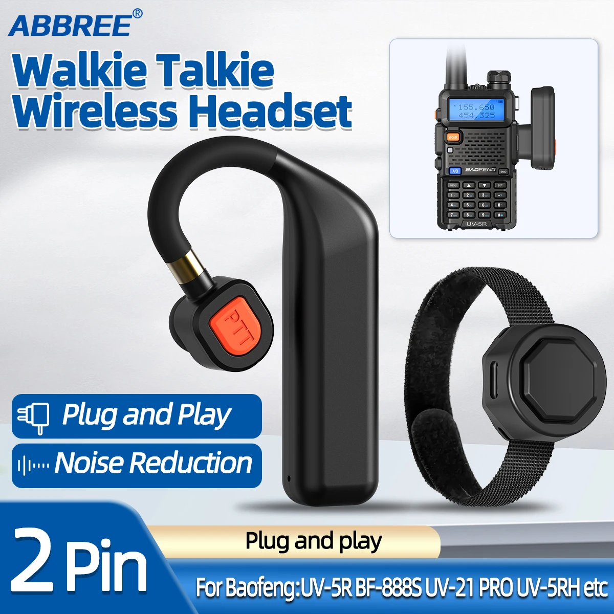 ABBREE BT-E2 Walkie Talkie 2.4G Wireless Headset Noise Reduction Handsfree Earpiece Replacement for UV-5R UV-32 UV-21