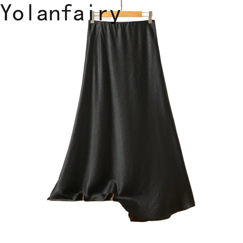 

YOLANFAIRY 100% Natural Mulberry Silk Skirts Woman Clothes Elegant Elastic Waist Black Skirt Long High Quality Gauze Silk Skirt