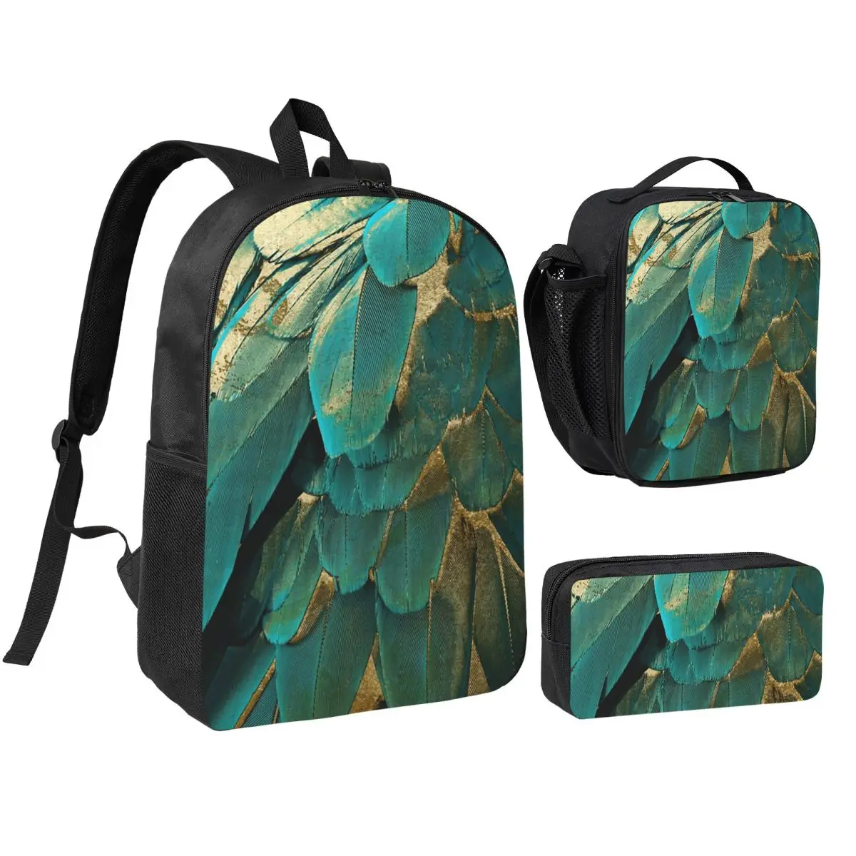 Mochila con purpurina de plumas, color verde azulado y dorado, mochila escolar para niños y niñas, bolsos de hombro, 3 piezas, bolsa térmica para el almuerzo, estuche para lápices