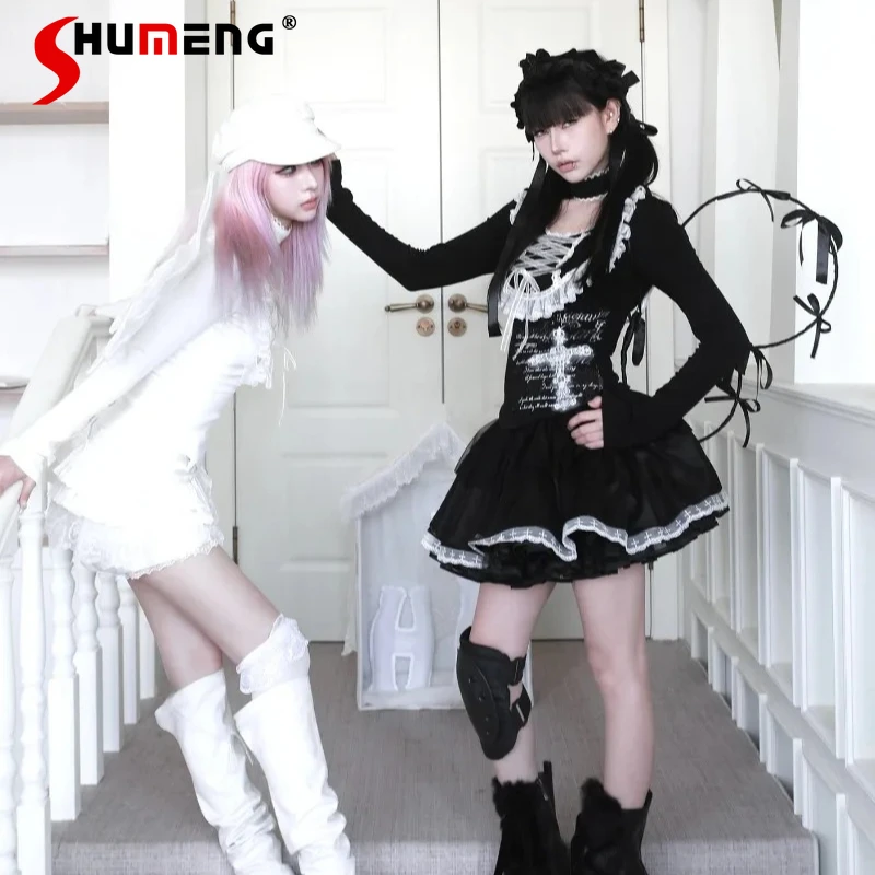 

Black White Contrast Elastic Cross Ribbon Print Slim-fit Long-sleeves Tees With Collar Japanese Rojita Cool Slim Fit T-shirts