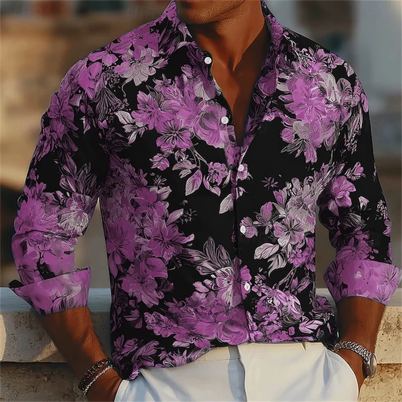 Men's Floral Print Neon Flower Shirt Hawaiian Vacation Everyday Street Lapel 3D Printed Lapel Shirt Black Pink Blue Purple - Image 2