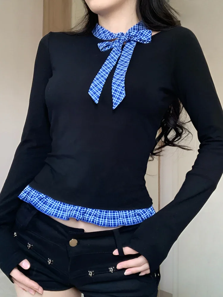 AltGoth Preppy Style Y2k T-shirt Women Aesthetic Fairycore Grunge Soft Goth Blue Plaid Patchwork Bow Collar Long Sleeve Tee Tops