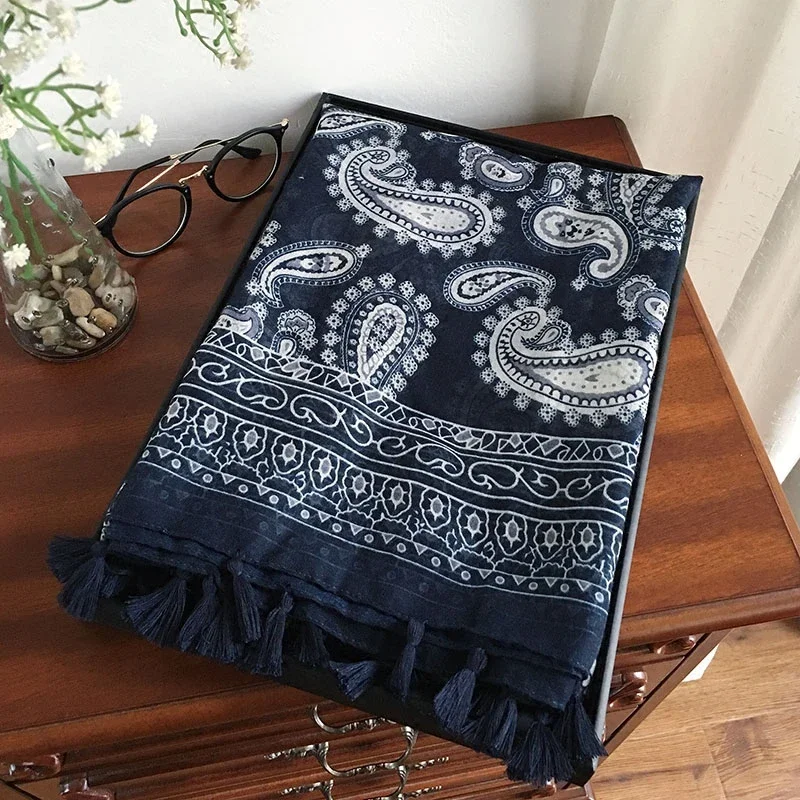 Blue and white porcelain big scarf ethnic style yarn scarf burr edge shawl women's thin versatile silk scarf