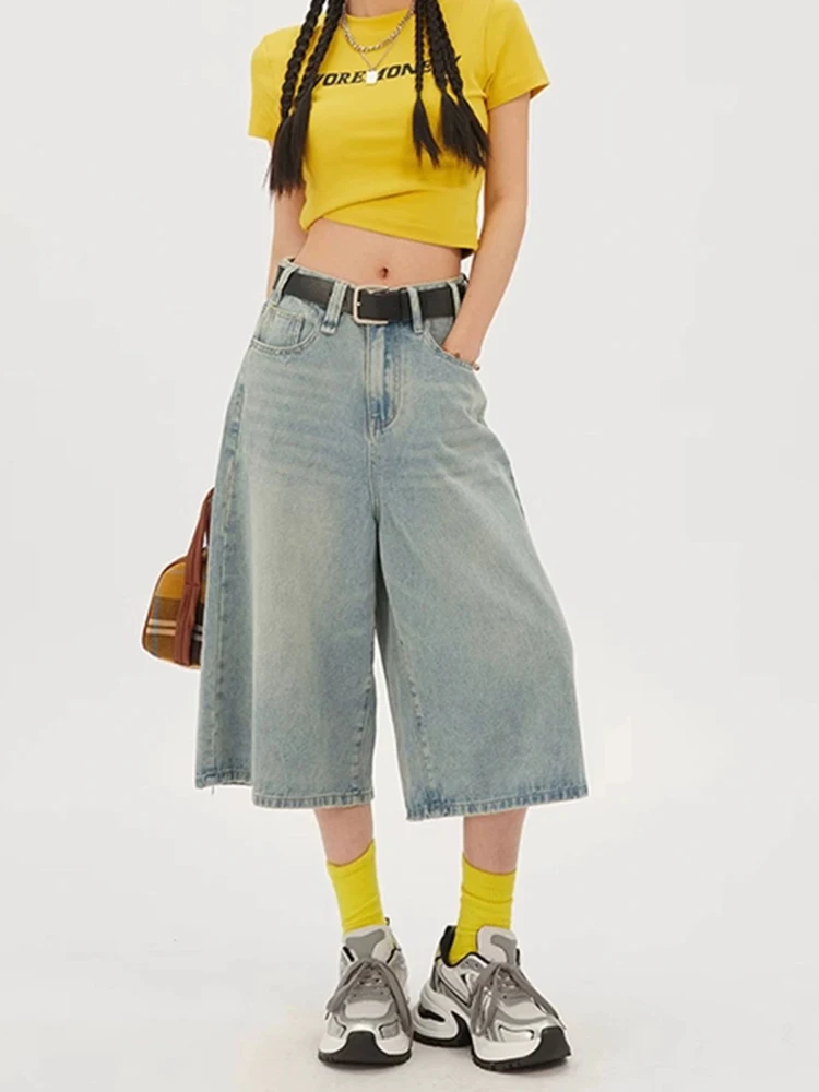 

Джинсовые шорты с высокой талией и широкими штанинами, тонкие, в стиле ретро, летние, свободные, прямые, средней длины, из смесового хлопка и полиэстера