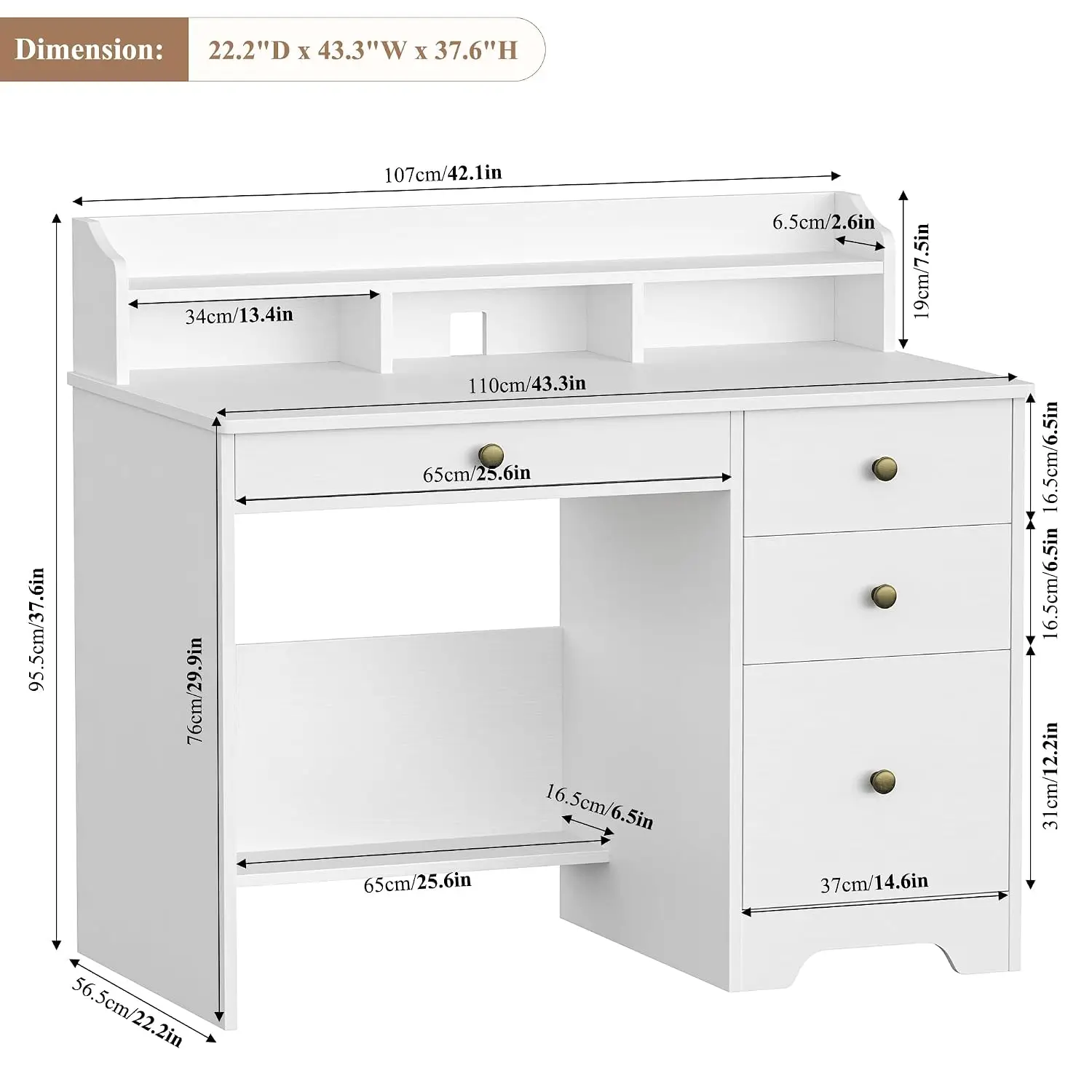 TTVIEW Wood Desk with Drawers & Hutch, 43