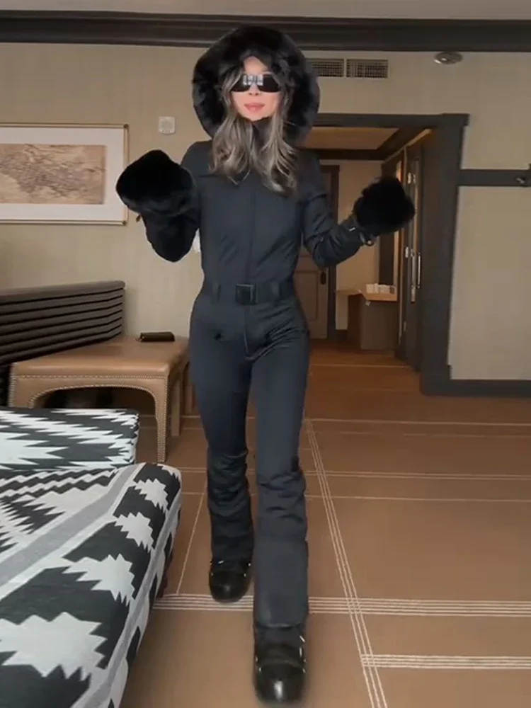 شيك فو الفراء المرقعة المرأة بذلة التزلج عالية حزام خصر سحابات جيب سيدة ملابس التزلج 2025 الشتاء الربيع الإناث رومبير #3