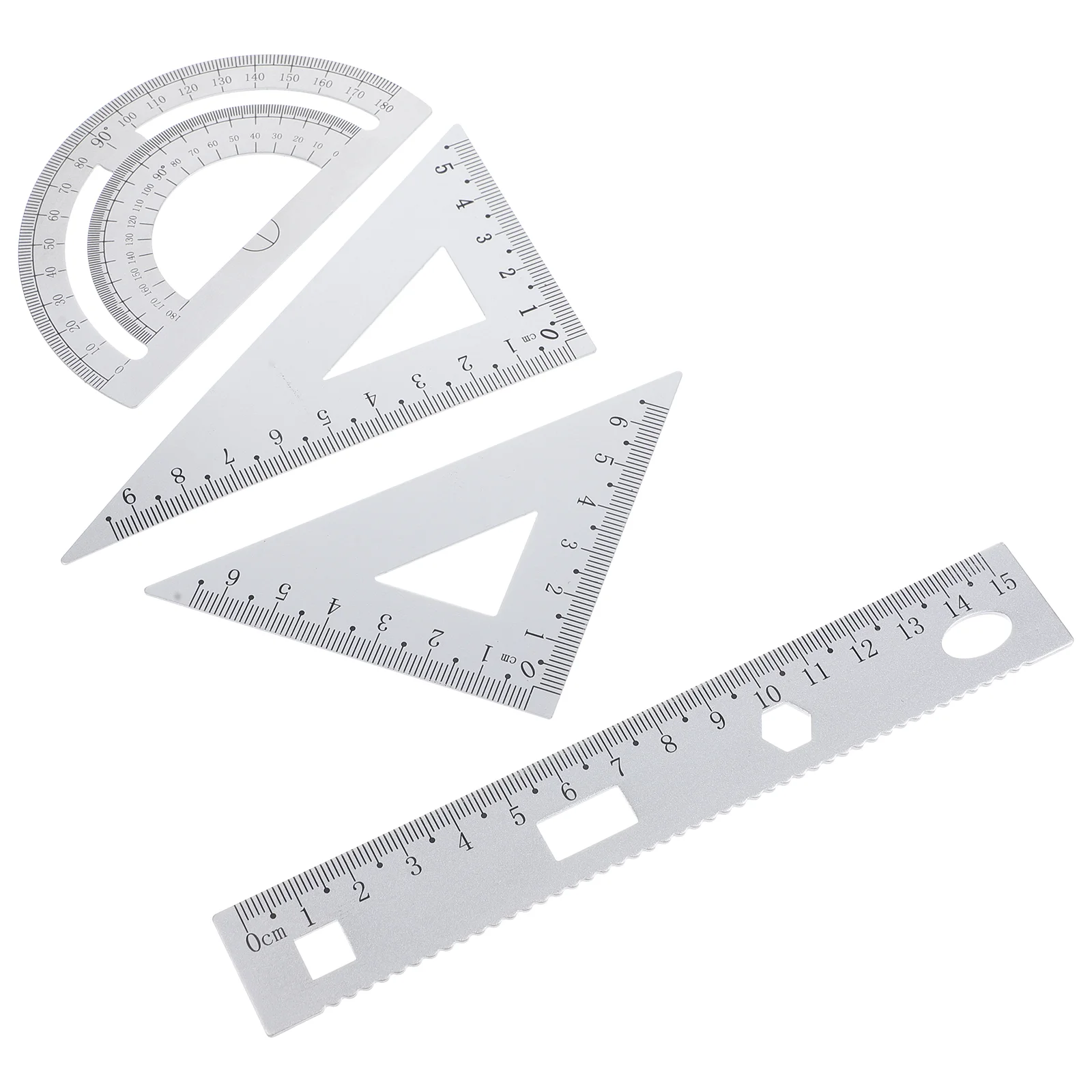 1 Set mit 4 Stück DIY-Metalllineal, robustes Büro-Metalllineal, Lineal, Schreibwaren-Set, dreieckige Platte, Winkelmesser, Testlineal für