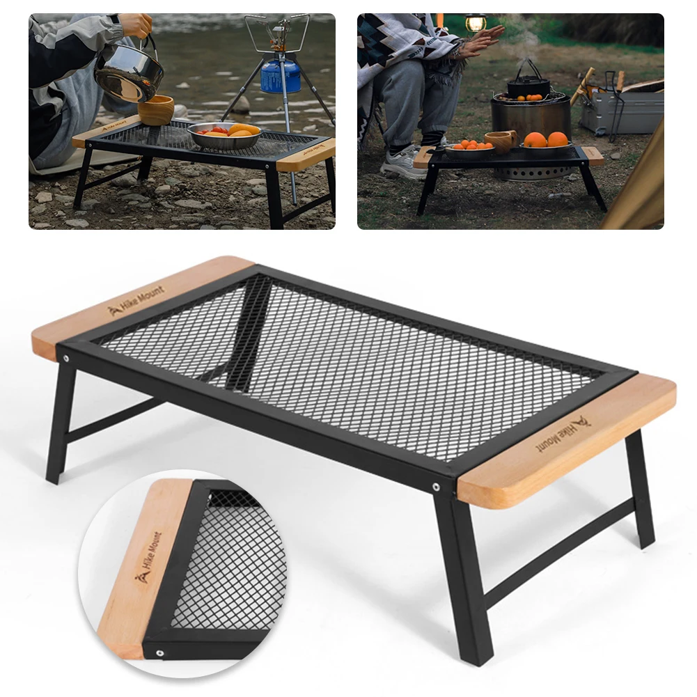 Outdoor Camping Folding Table Iron Mesh Picnic Table Portable Solid Wood Foldable Beach Table Lightweight for Beach Grill BBQ