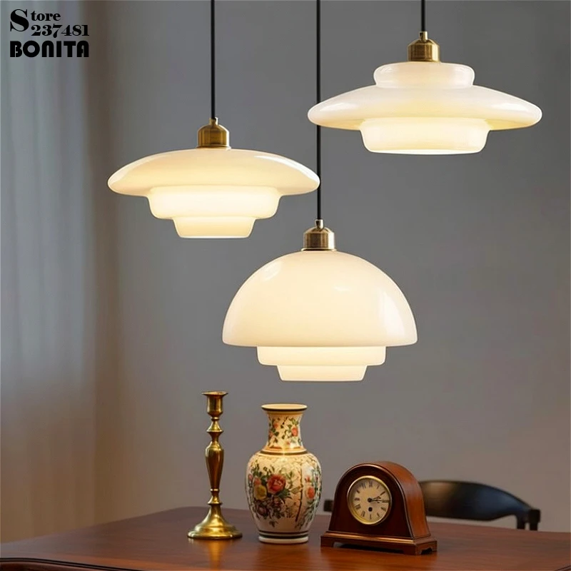 

Nordic Milky Glass Pendant Light for Dining Room/Bedroom, Home Ambient Soft Diffused Lighting, Brass Finish Vintage Hanging Lamp