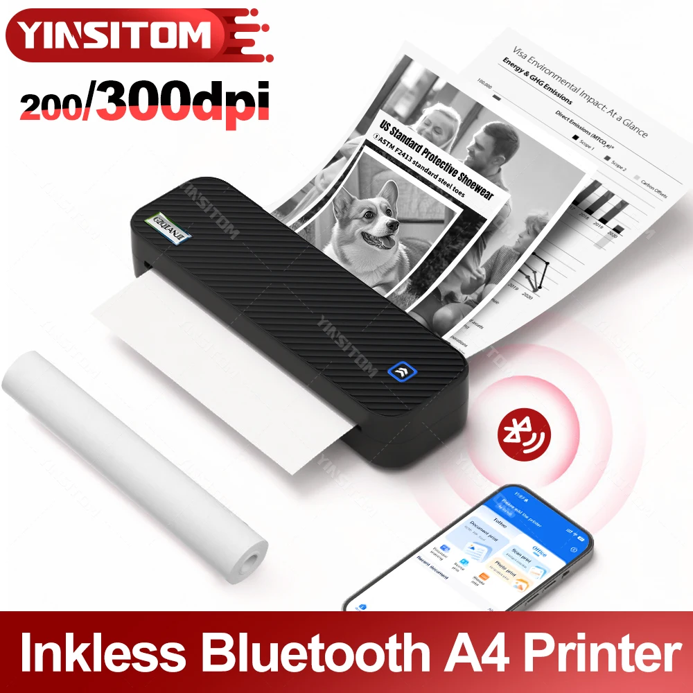 YINSITOM 300dpi Portable Thermal Printer Bluetooth Wireless Travel Mobile Compact Support 8.5 X 11 US Letter & A4 Thermal Paper