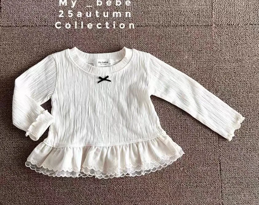 K2716-T2718 Korean Style Spring Autumn Kids' Outfit Set with Ruffle Stripe Solid Color T-Shirt Two-Piece Set for Little Girls