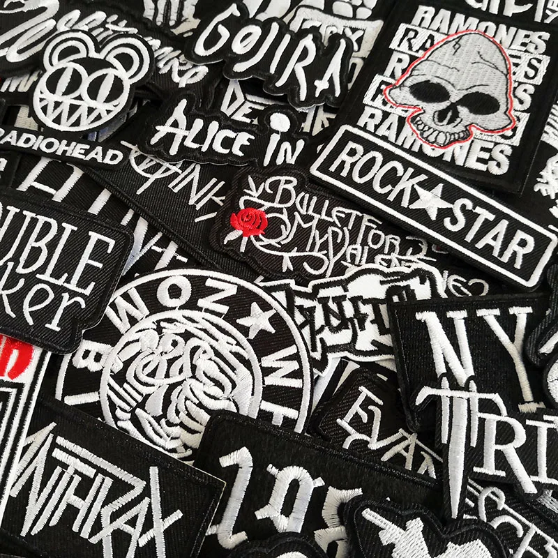 50pcs/lot Rock Band Music Patches Iron on for Clothing Punk Badges Appliques Stripes Jacket Jeans DIY Embroidery Stickers