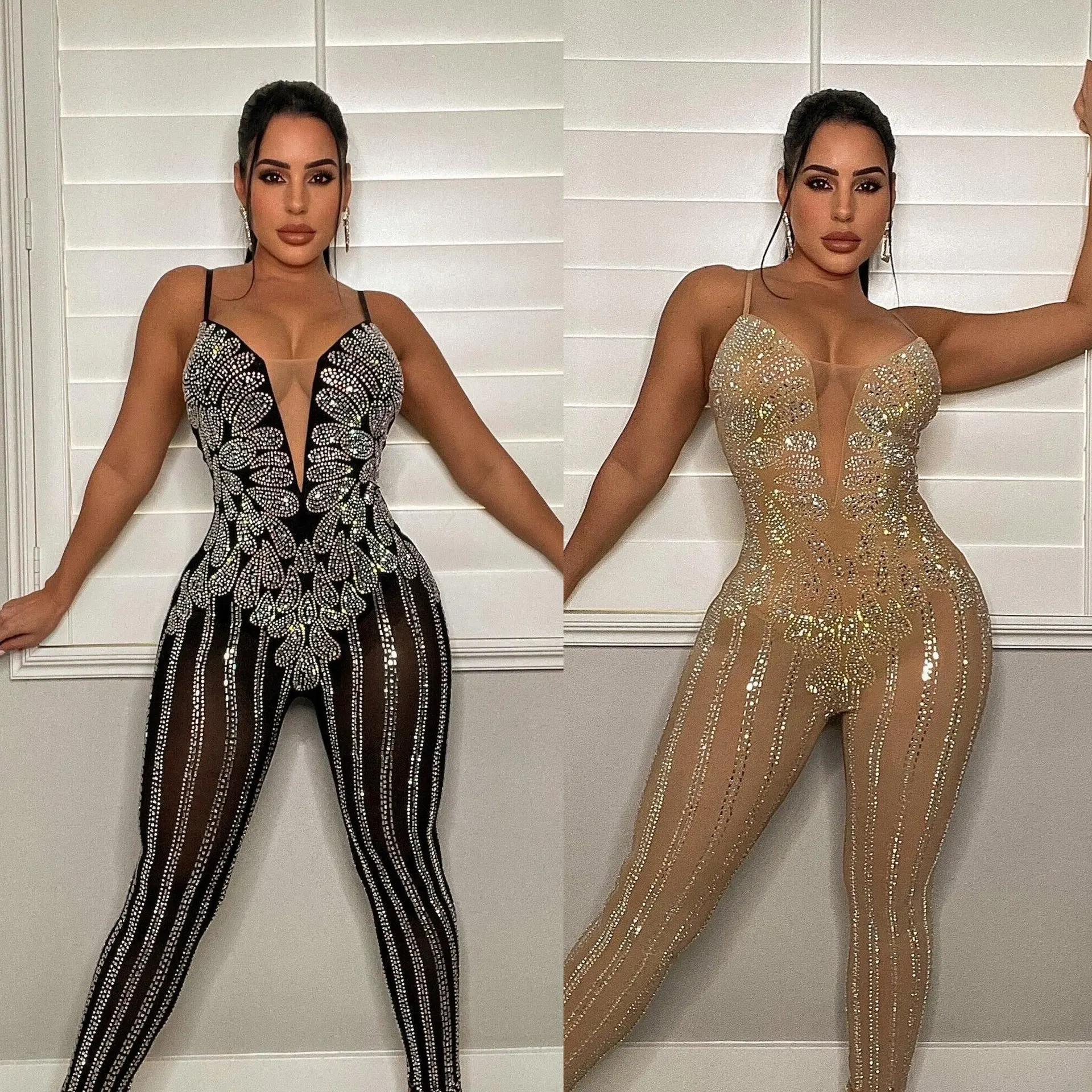 

Sexy Nightclub Party Party Club Prom Sling Hot Rhinestone Jumpsuit