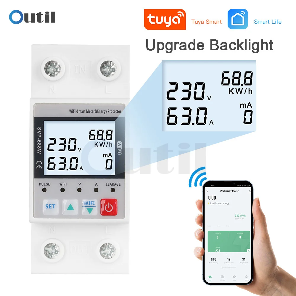 

63A TUYA WiFi Smart Earth Leakage Over Under Voltage Protector Breaker Relay Device Switch 230V Energy Power kWh Meter SVP688