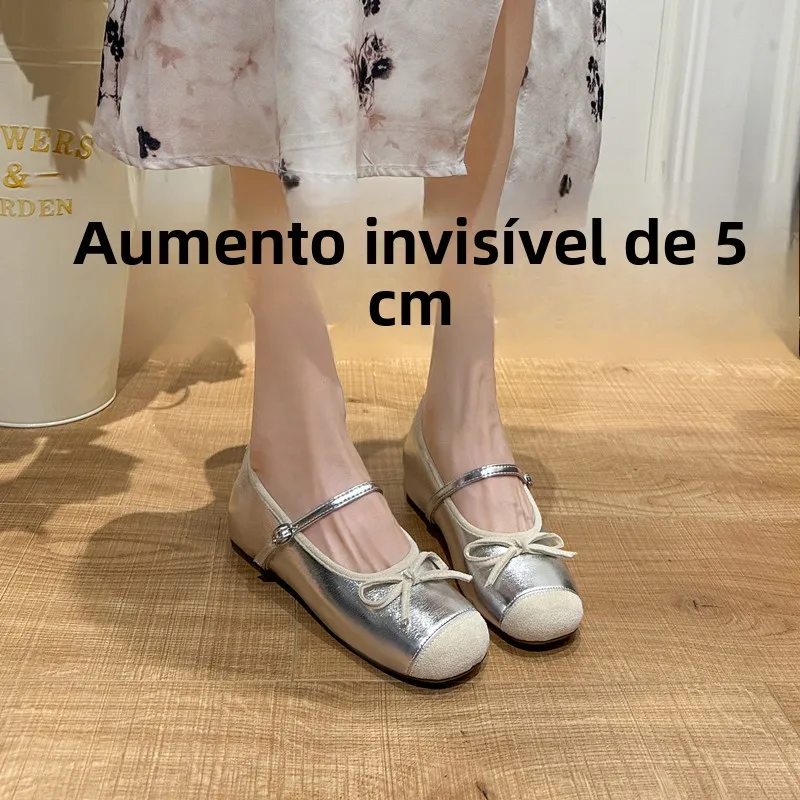 メアリージェーンフラットシューズ女性の夏の新しいスタイル5センチ高さを高めるイブニングウィンドバレエシューズ韓国スタイルtストラップ豚皮裏地付き