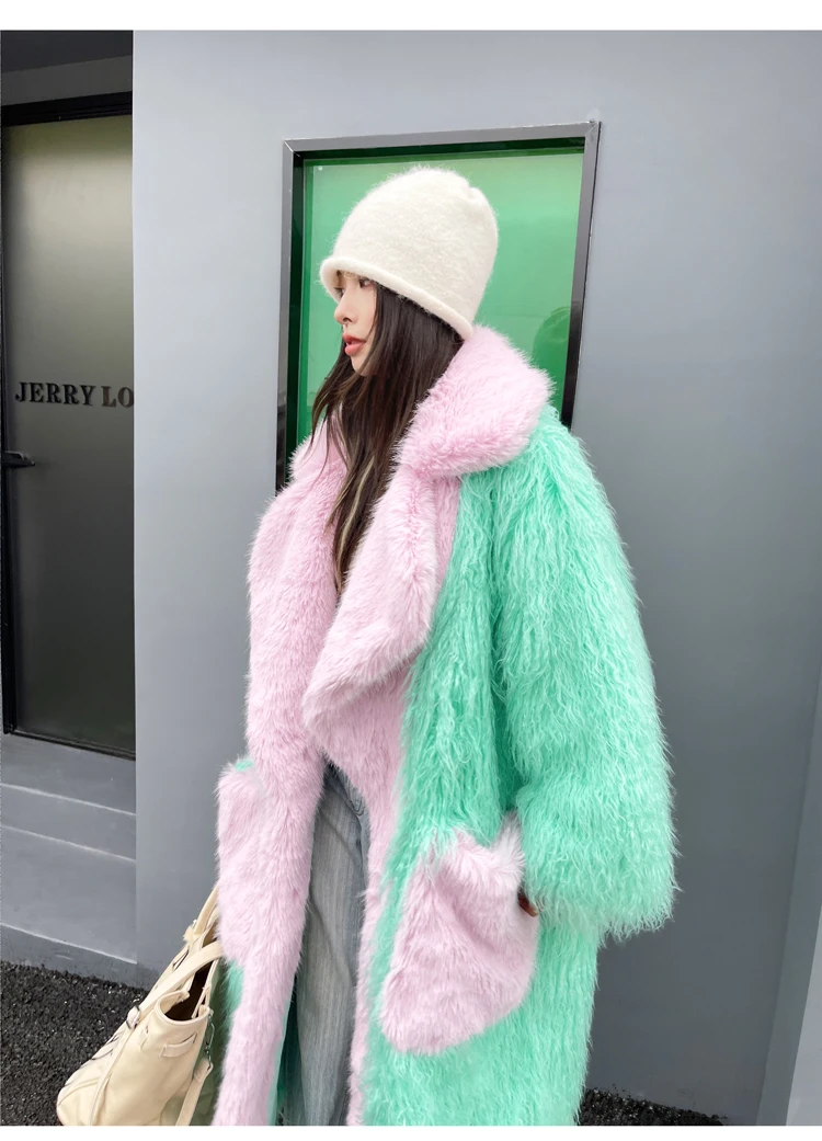 Lady Personalized Pale Green Faux Fur Coat Loose Lapel Long Jacket Female Streetwear Women\'s Winter Coats Performance Costume