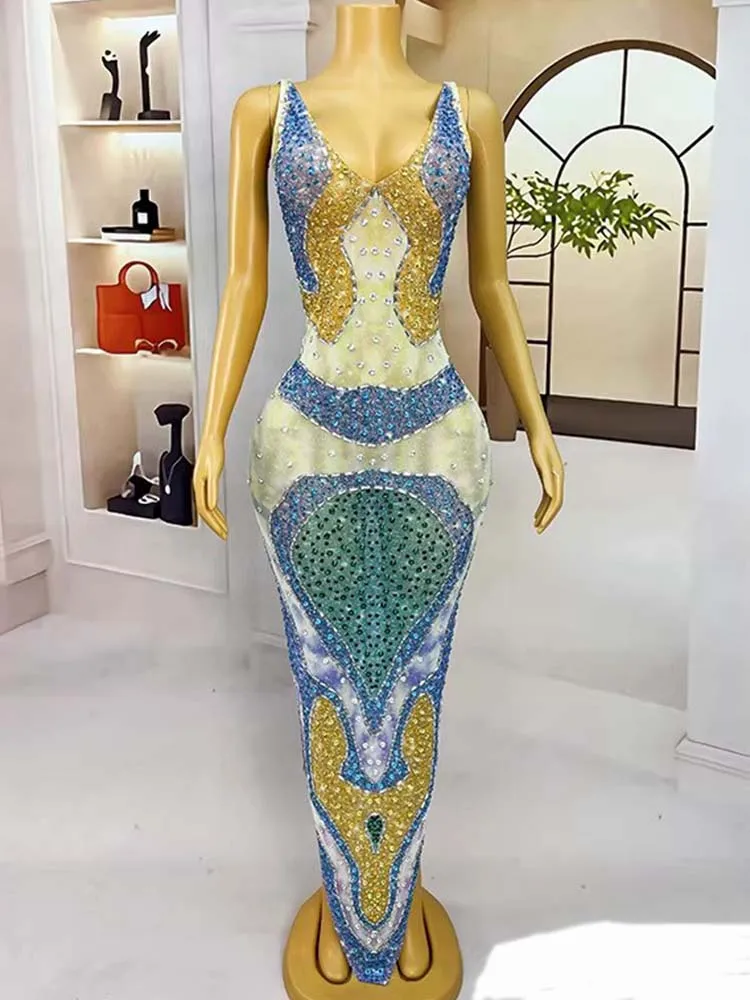 Hochwertiges, heißprägenes, sexy V-Ausschnitt, elastisches, unregelmäßiges Kleid, 2025, neue Mode, individuelle Damenbekleidung