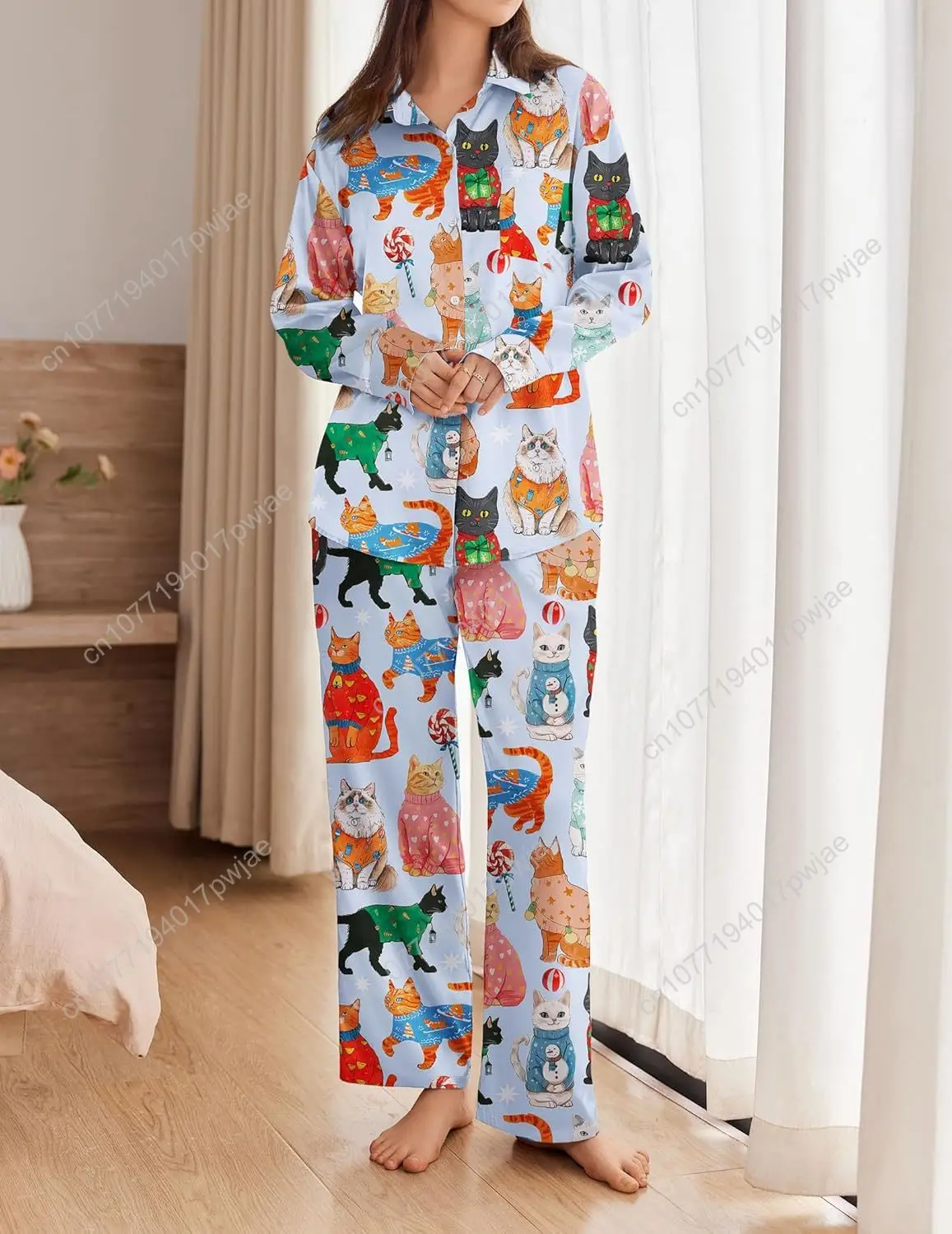 Ekouaer Damen-Pyjama-Set aus Satin, seidig, 2-teilig, bedruckt, Pyjama, weiche Loungewear, Button-Down-Nachtwäsche mit elastischem Bund, lange Hose