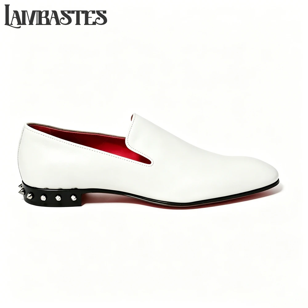 Rivet Heel Formal Dress Shoes Red Lining Slip on Business Party Shoes Designer Custom Color Handmade PU Leather Loafers for Men