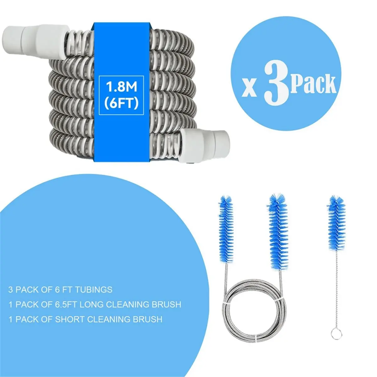 3 Pack 6 Foot Hose Replacements for AirSense 10, 11 & Most /APAP Machines with Cleaning Brush