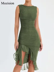 Mozision Elegant Ruffle Ruched Midi Dress For Women Robe Summer New Backless Sleeveless Irregular Club Party Sexy Dress Vestido