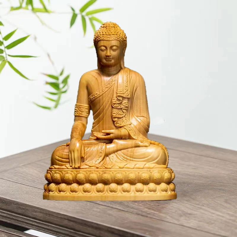 Natural Cypress Lndia Shak yamuni Buddha Characters Figurines Hand Carved Solid Wood Home Room Office Feng ShuiDecoration Statue