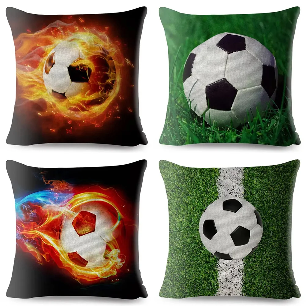 Fiery Soccer Ball Throw Pillow Covers, Flame Football Grass Field Print Cushion Cases, Sports Fan Decor for Bedroom Living Room