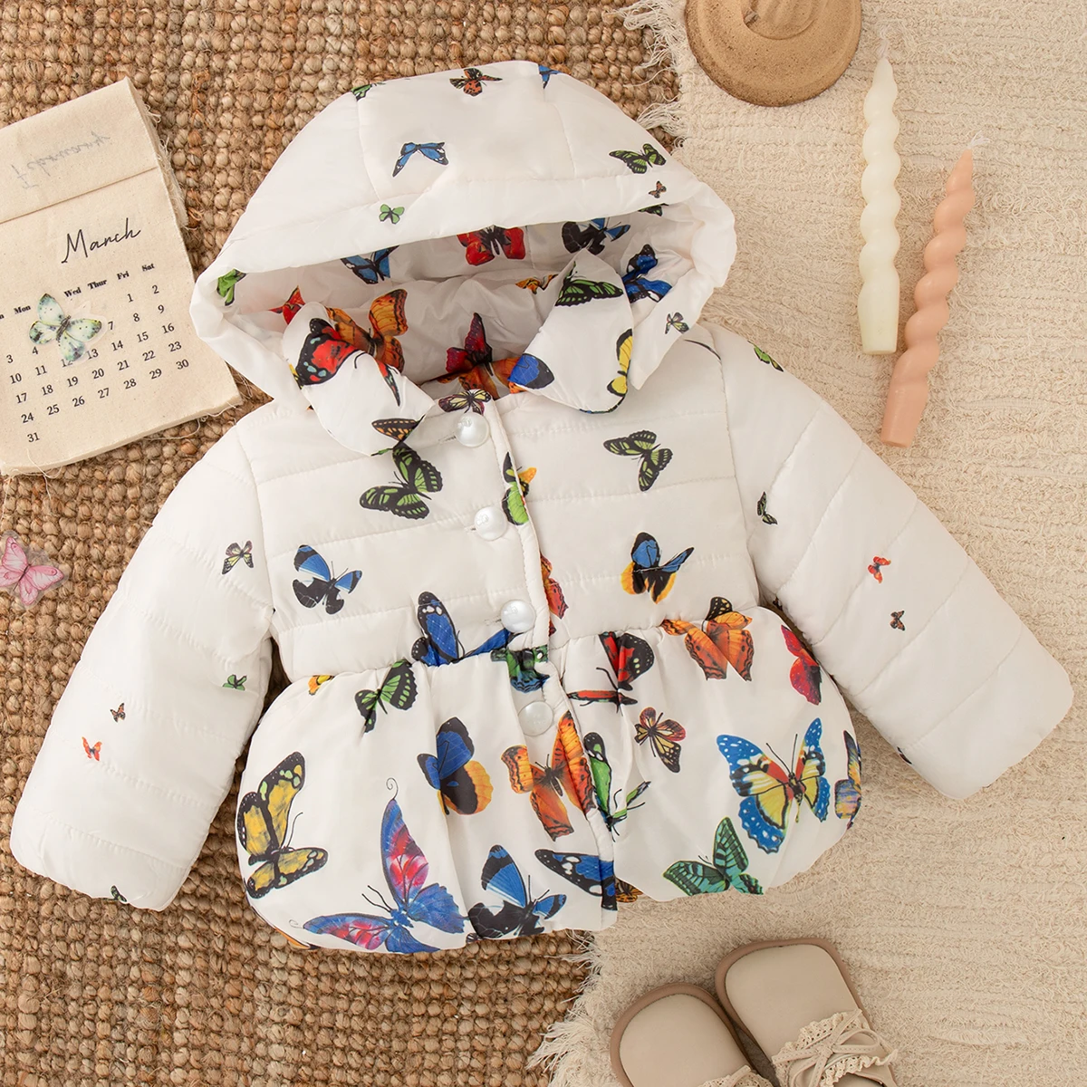Baby Girl Warm Coat Winter New Sweet Butterfly Print Hooded Button Top Daily Outdoor Children's Warm Coat 9 Months -3 Years Old