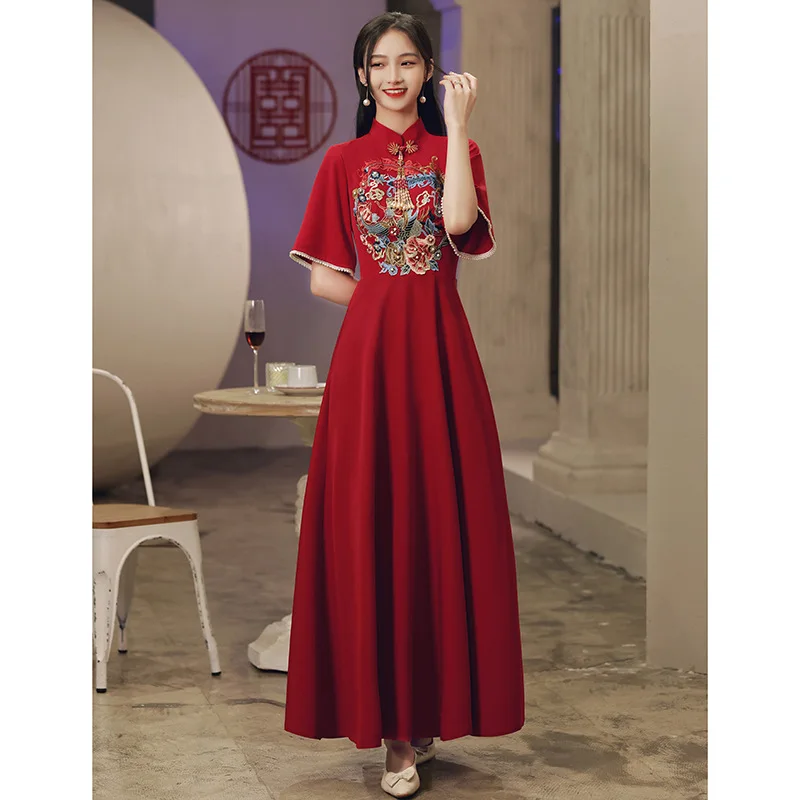 

Wine Red Plus Size Long Cheongsam Women Embroidery Chinese Style A-Line Dress High Waisted Qipao Female Wedding Dress S To 5XL