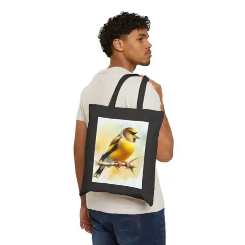 Sindax Cotton Canvas Tote Bag Evening Grosbeak on Branch Watercolor Design 4, Gift