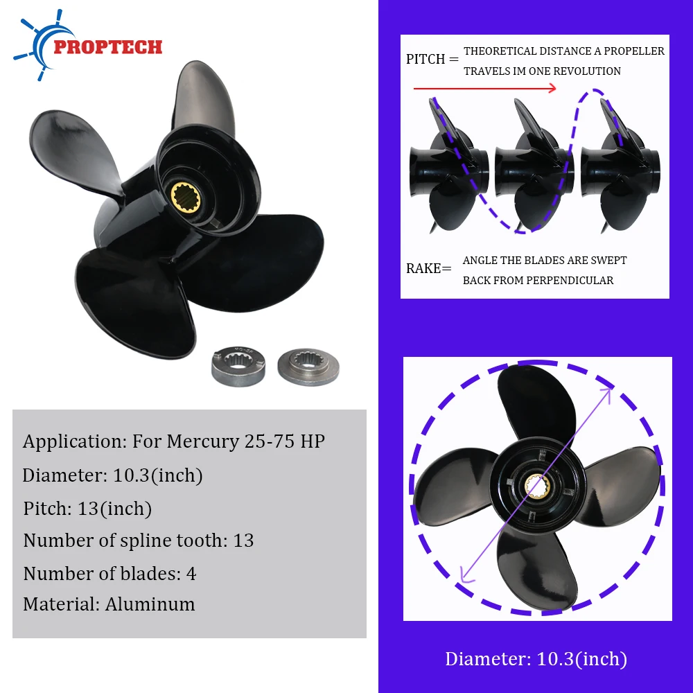 10.3X13 Boat Propeller for Mercury 25 30 35 40 45 48 50 55 60 70 75 hp Outboard Motor 4 Blade 13 Spline Tooth Marine Engine Part