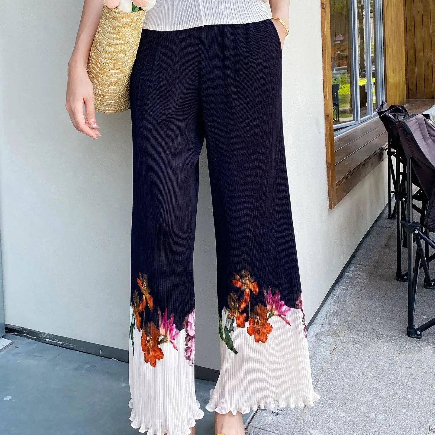 One-piece drape pleated wide-leg pants women's summer thin air pants foreign style versatile  printed straight pants