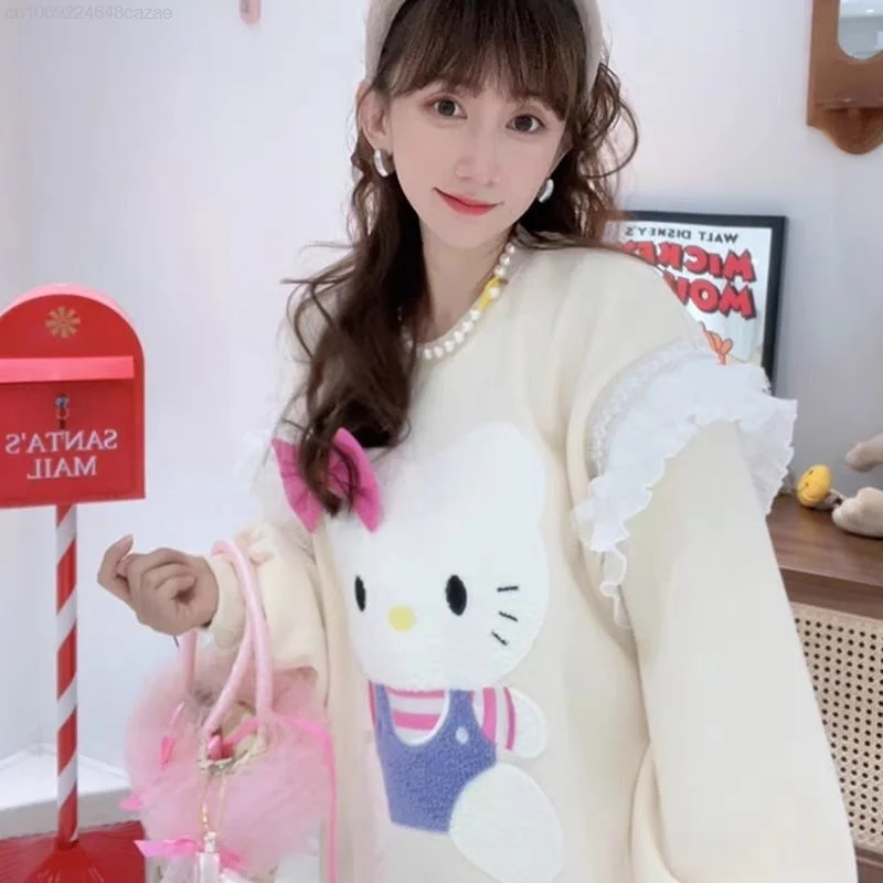 Sanrio Hello Kitty Y2k Korean Style Clothes Round Neck Pullovers Cartoon Aesthetic Cute Bow Loose Sweatshirt Women Fashion Tops