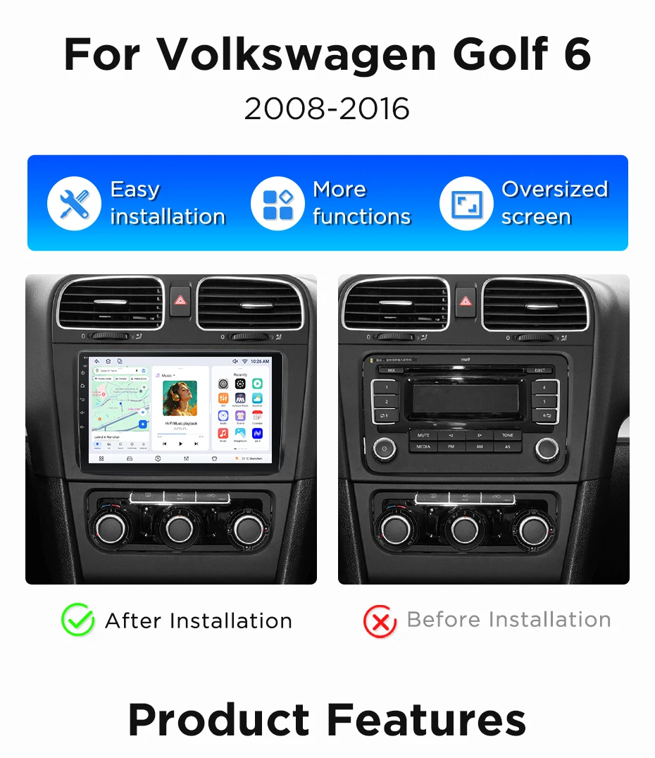 Junsun Wireless CarPlay Android Auto Autoradio für Volkswagen Golf 6 2008-2016 Auto-Intelligentes System DSP SWC RDS GPS FM BT – Detail 4
