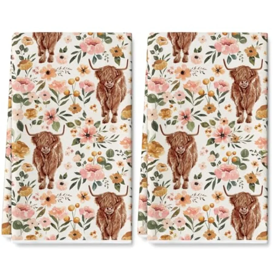 

Boho Floral Highland Cow Kitchen Dish Towel 18 x 28 Ih Watercolor Farmhouse Dishcloth Cute Cow Decorative Hand Drying Tea Towel