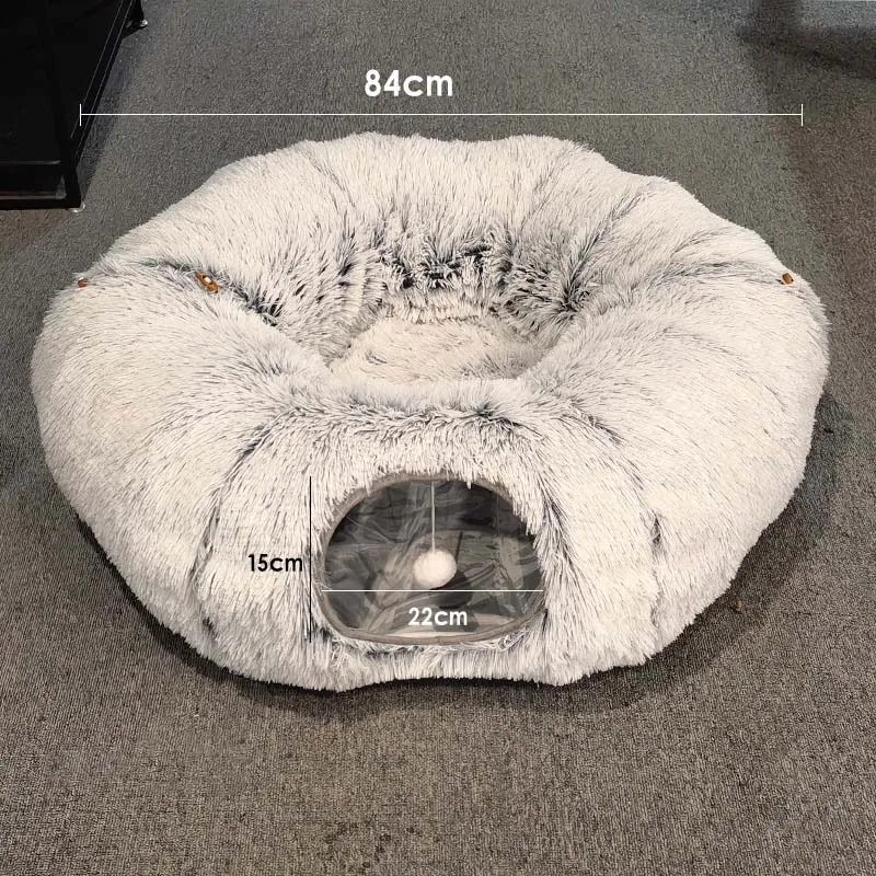 Plush Warm Cat Bed with Tunnel for Indoor Cats Collapsible  Donut Cat Playing Sleeping Cave Non-slip Kitten Nest Pet Supplies