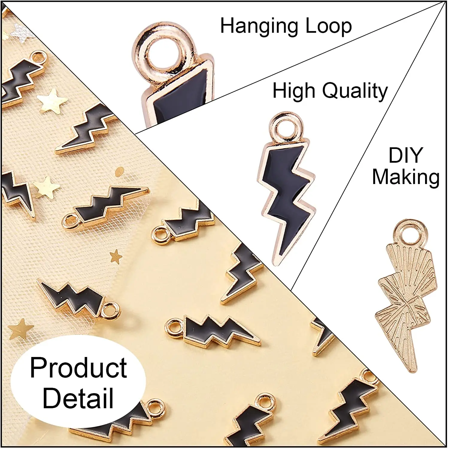 PandaHall 100pcs Enamel Black Flash Shape Charms Lightning Bolt Charms Flash Thunder Pendants for DIY Jewelry Making Accessories