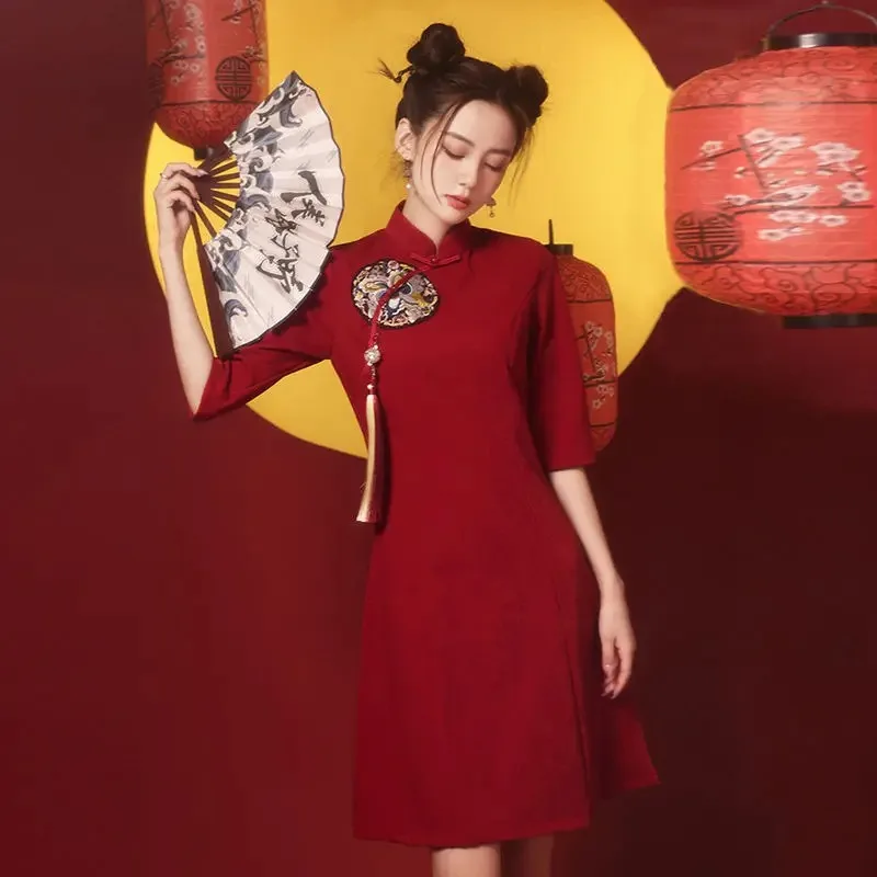 

Guochao Qipao Autumn 2023 Fashioned Maiden Dresses Bridal Toast Dress Red Dress Cheongsam Modern Chinese Dresses