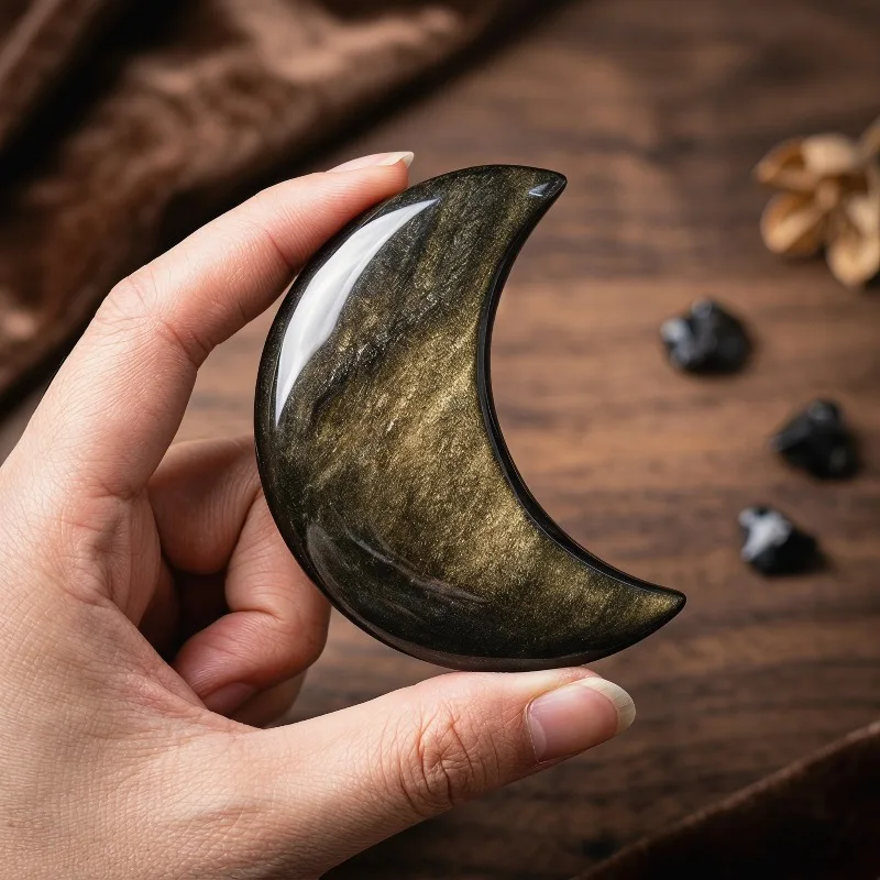 1pc Golden Obsidian Moon Shape, Natural Obsidian Moon Carving Craft, Meditation, Office Home Atmosphere Decoration Pieces