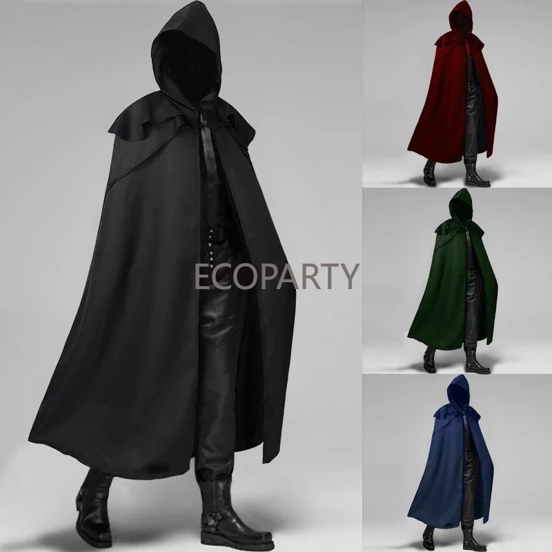 

Black Men Cloak Hooded Medieval Monk Costume Solid Windproof Mens Trench Coat Gothic Wicca Wizard Cape Halloween Death Mantles