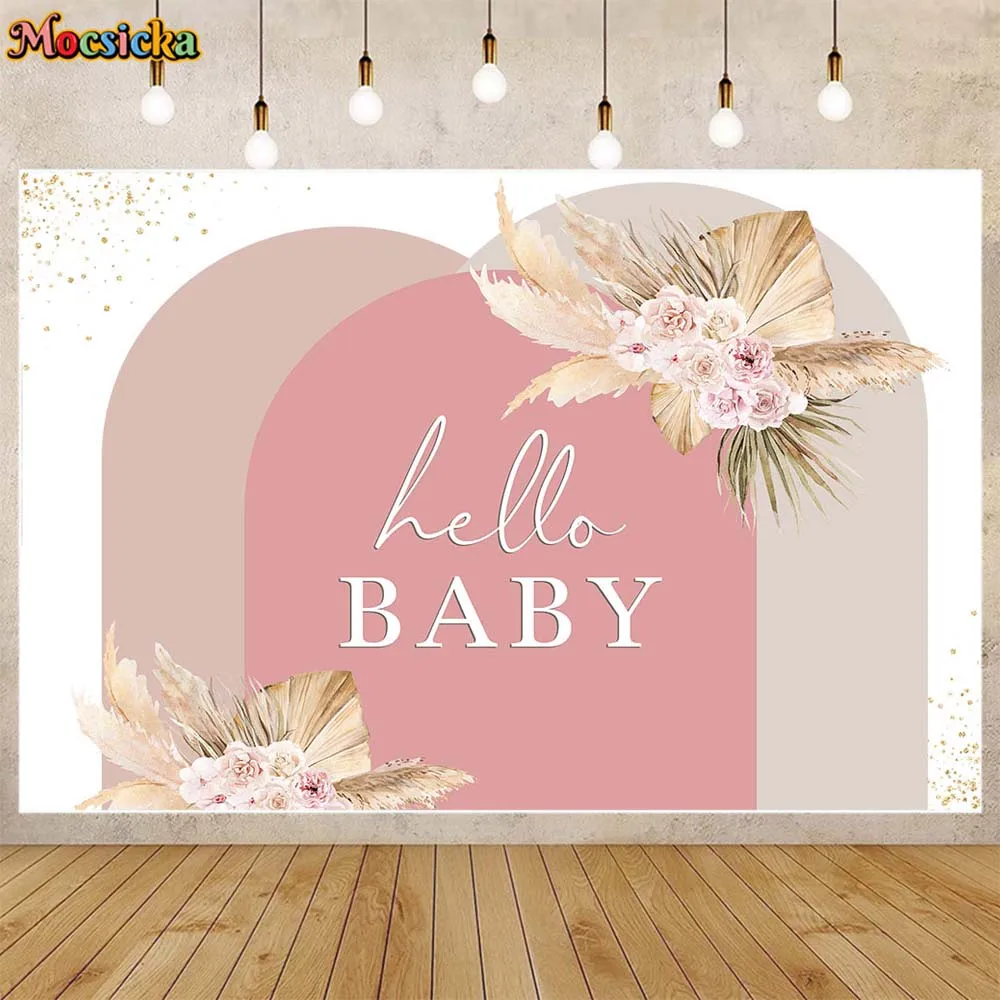 

Mocsicka Baby Shower Backdrop Boho Flower Pampas Grass Hello Baby Newborn Welcome Party Decor Girl Portrait Background Photocall