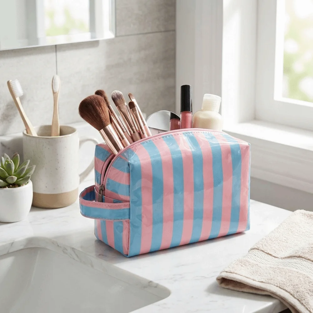 Gifts Waterproof Striped Toiletry Bag Large Capacity Pink PVC Makeup Organizer Portable Simple Travel Cosmetic Storage Bag Women