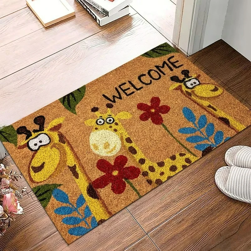 Sweet "Welcome Home" Fawn & Floral Printed Rug, Charming Deer with Flowers Design, Non-Slip Indoor Outdoor Entryway Mat 2D Flat - view 3
