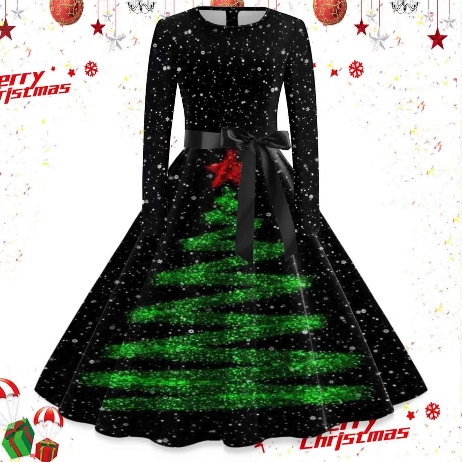 

Ladies Suitable Vintage Dreses Long Sleeve O Neck Christmas Housewife Evening Party Prom Dress Fashion Christmas Print Dresses