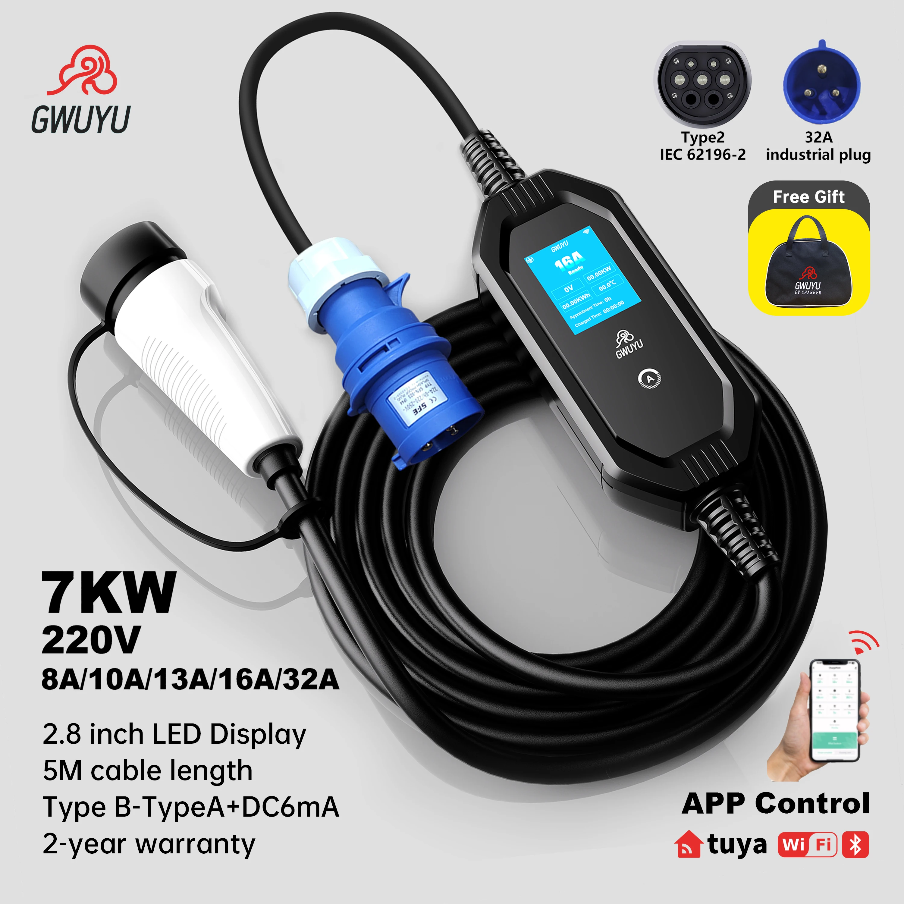 GWUYU 7000 Вт Портативное зарядное устройство для электромобилей Type2 IEC62196-2 Type1 SAE J1772 Зарядное устройство для электромобилей GBT EVSE Зарядный кабель Wallbox Вилка европейского стандарта