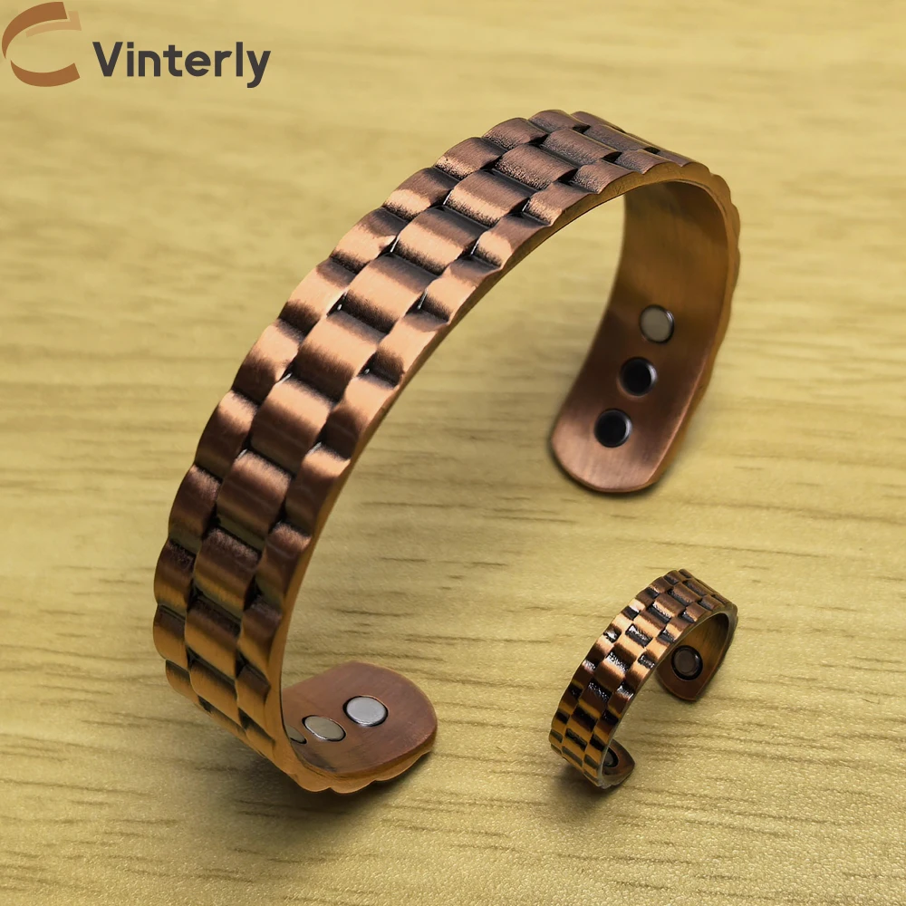 Vinterly Pure Copper Jewelry Sets Magnetic Bracelets Rings Men Health Energy Adjustable Twisted Jewelry-set Open Cuff Resizable