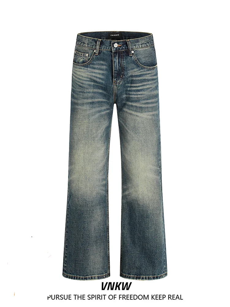 

Retro Waed Straight Leg Jeans Men's Loose Fit Whisker Pattern Casual Cotton Denim Pants Autumn Season Youth Sle